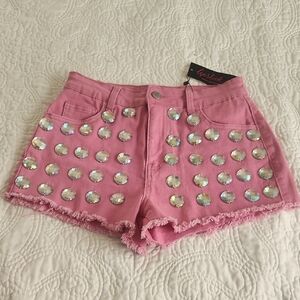 Lipstick Boutique Pink Gem-Studded Jean Shorts